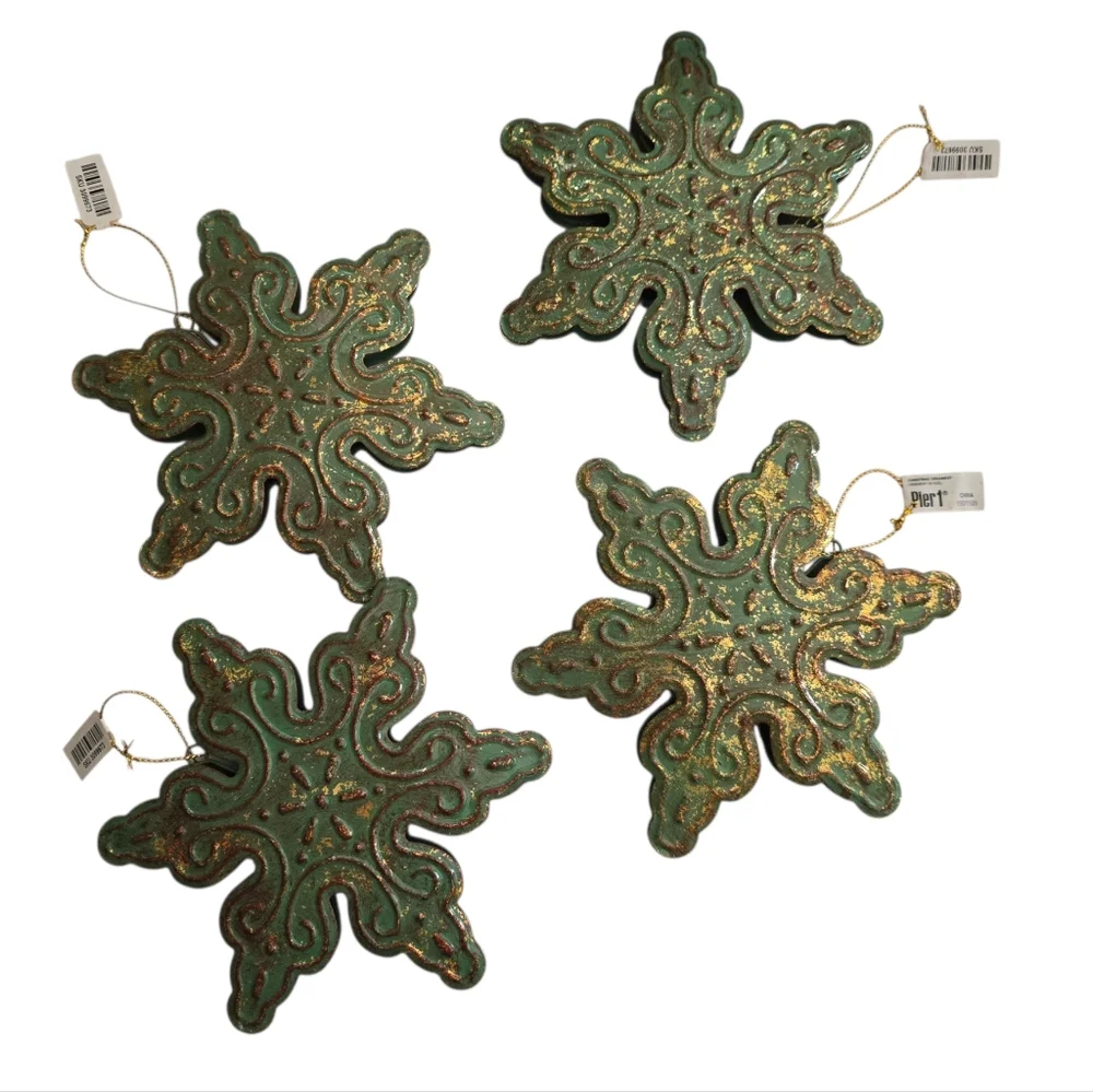 Pier 1 Green Gold Snowflake Ornaments Set of 4 Rustic Christmas Decor